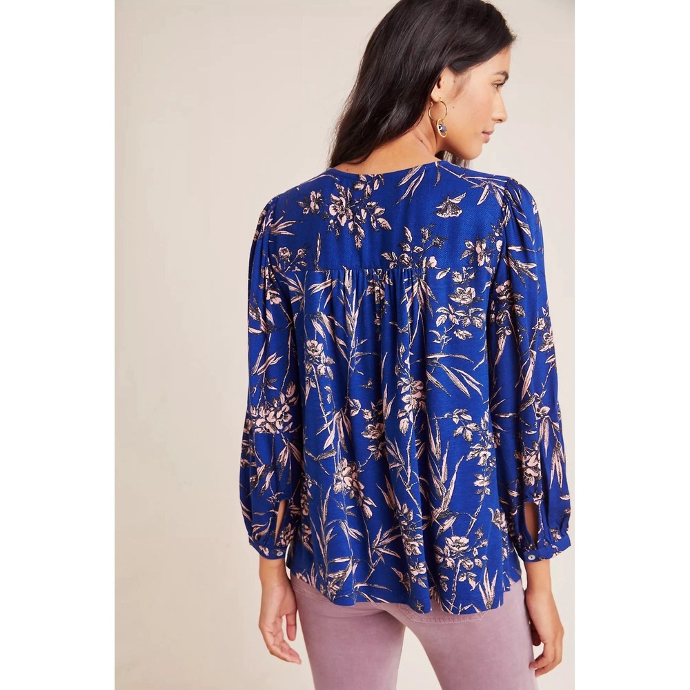 By Anthropologie Women's Indigo Floral Embroidered Peasant‎ Top Size XS - Picture 2 of 9